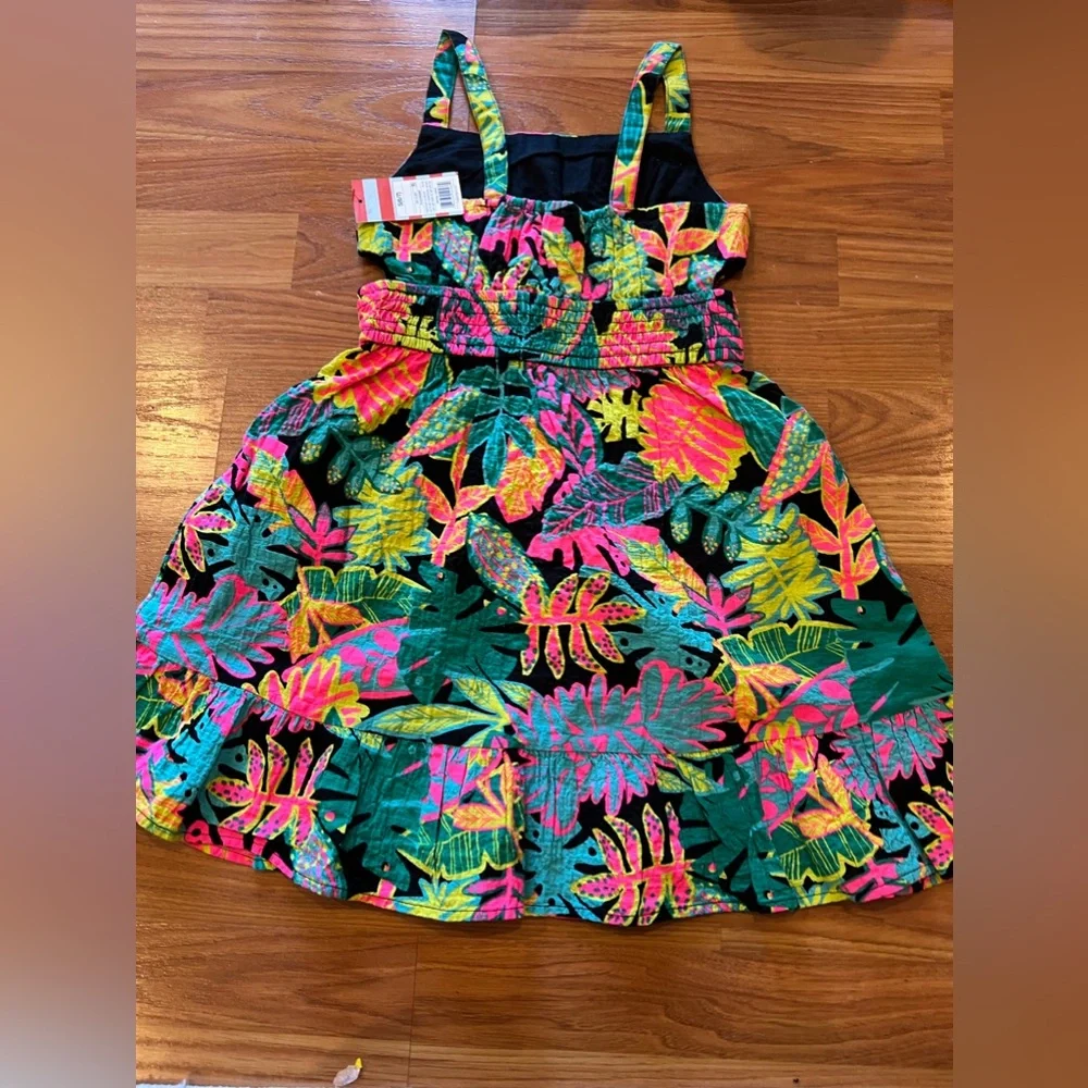 1. Girls Sundress - Tropical Foliage Print Dress - Black w Bright Colors